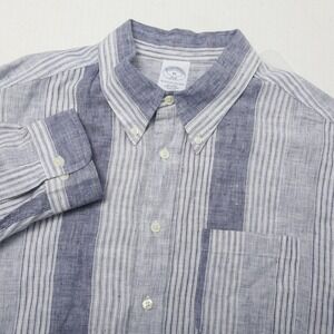 Brooks Brothers Shirt Mens XL Blue Stripe Linen Slim Fit Long Sleeve Button Down